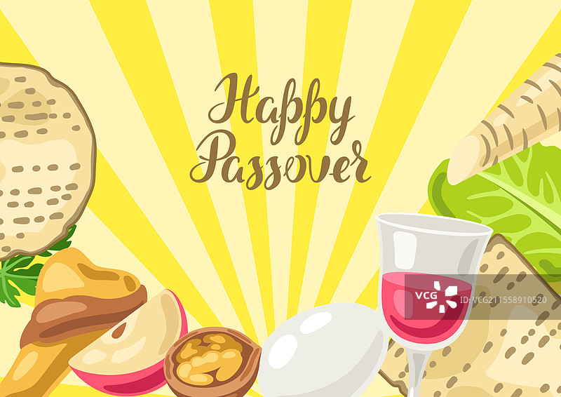 快乐的逾越节犹太逾越节盘子贺卡。节日背景与庆祝传统符号。图片素材