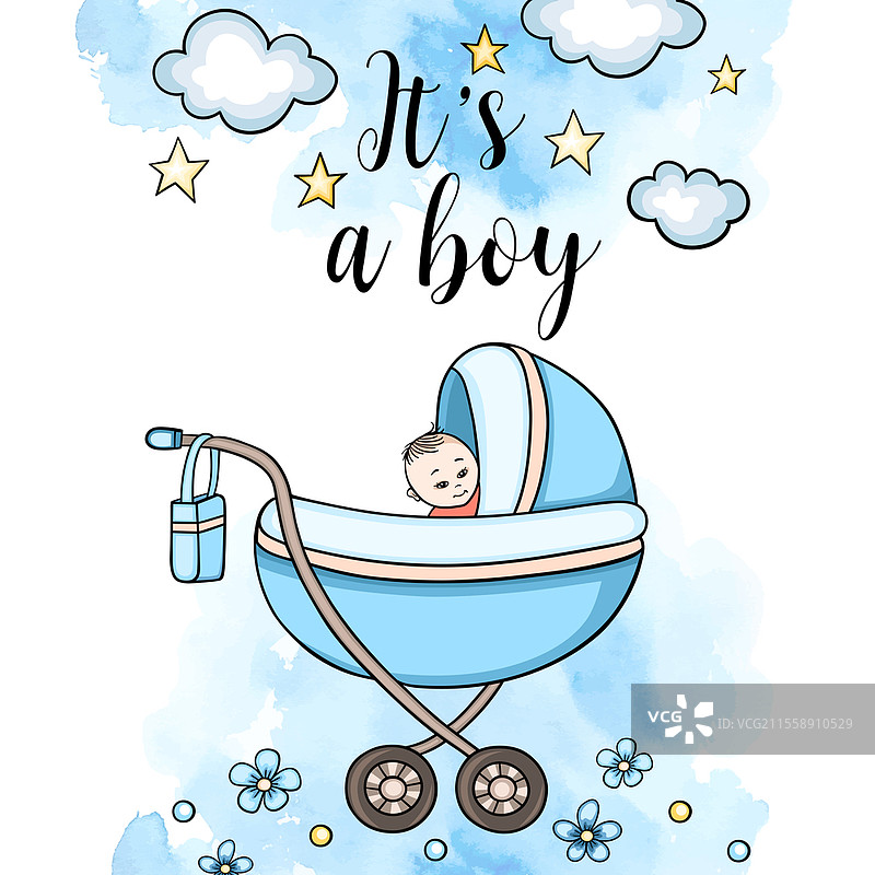 贺卡：男婴出生，背景为蓝色水彩，配有婴儿车。宝宝派对。矢量插图。图片素材