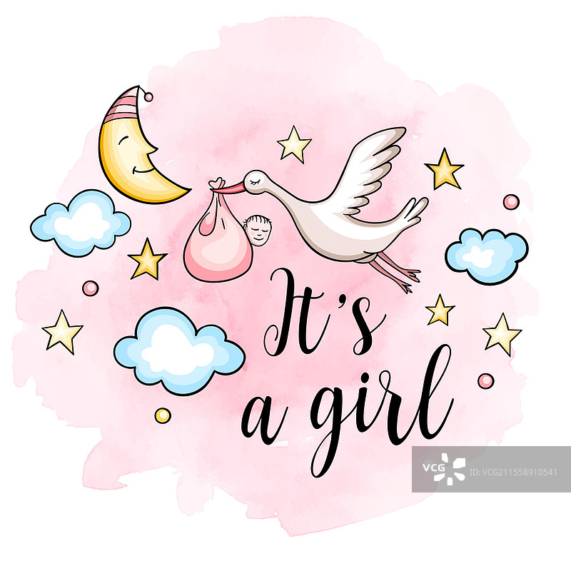 贺卡：女孩出生，飞翔的鹳鸟在粉色水彩背景上托着一个男婴。婴儿洗礼。矢量插图。图片素材