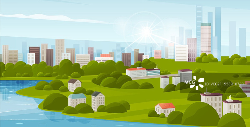 城市景观，房屋和建筑被树木环绕。自然与建筑的风景。城市街道上有房屋和绿化。住宅区和绿地的区域。城市景观，房屋和建筑被树木环绕。自然与建筑的风景。图片素材