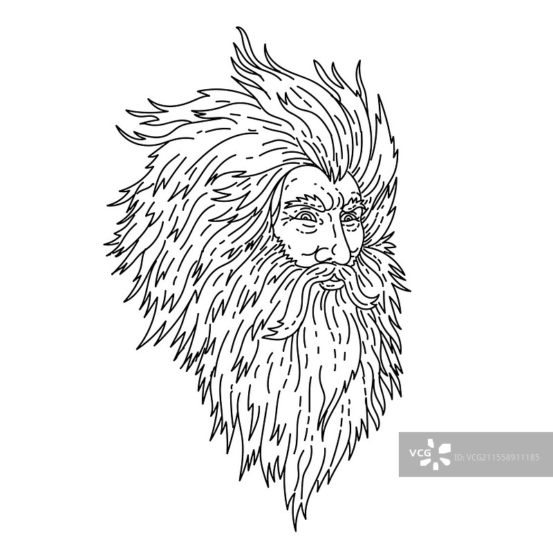 愤怒的希腊神宙斯或罗马神朱庇特的单线插图，带有胡须，采用单线艺术风格。图片素材
