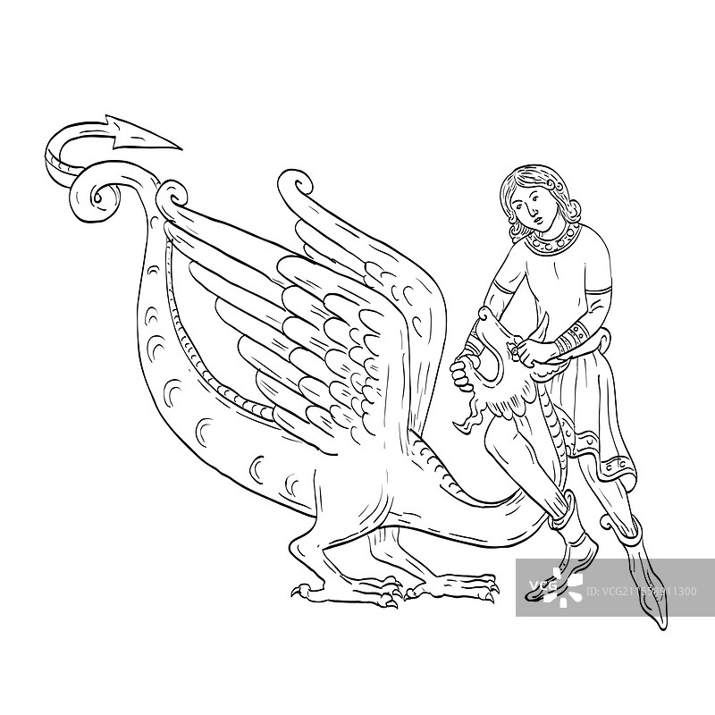 圣乔治与龙战斗的中世纪风格线条艺术插图，黑白色调，背景独立。这是一个数字下载，包含多个文件在一个压缩包中，您将找到以下文件类型/格式：? JPG格式，最小尺寸为3000像素或最长边10英寸。? PNG格式，最小尺寸为3000像素或最长边10英寸。? EPS矢量格式。圣乔治与龙战斗的中世纪风格线条艺术绘画。图片素材