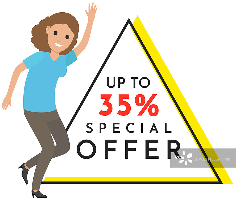 销售横幅，女人在广告海报旁跳舞。购物时间促销风格。女士因商店的折扣和独家优惠而欢欣鼓舞。女性角色在销售广告前跳舞。销售横幅，女人在广告海报旁跳舞。女士因商店的独家优惠而欢欣鼓舞。图片素材