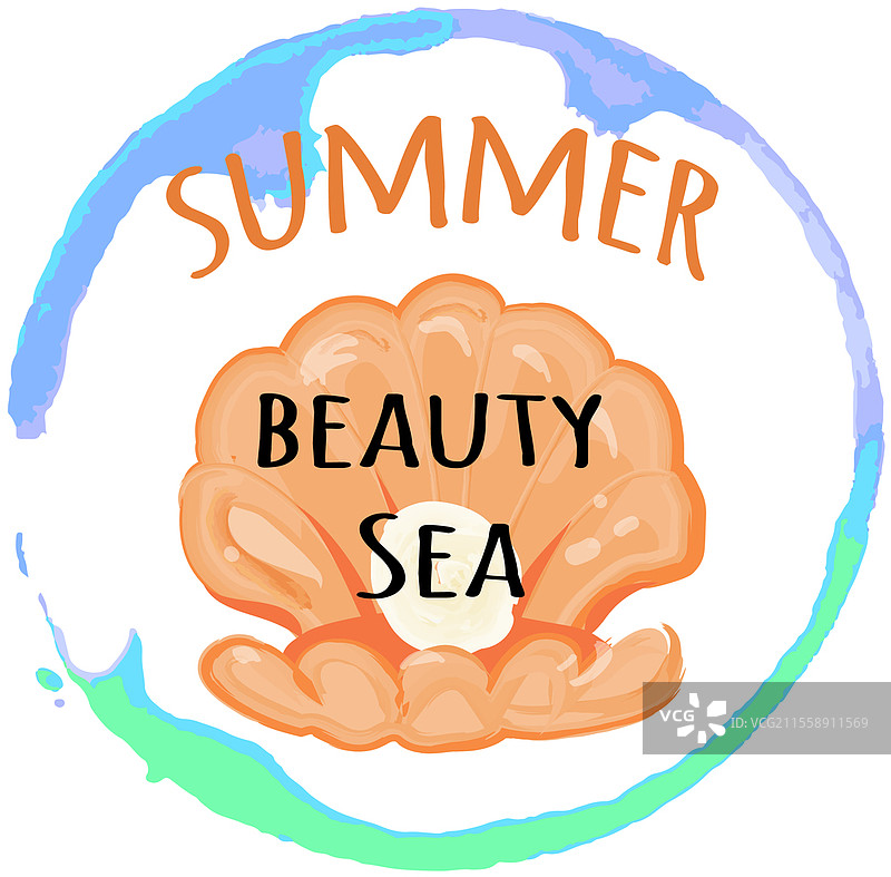 水彩夏季手绘字母。问候卡、海报或横幅的设计元素。圆框中的夏季海洋美丽字样。带有热带风格海贝的明信片插图。带有文本和海贝的热带风格明信片。圆框中的夏季海洋美丽字样。图片素材
