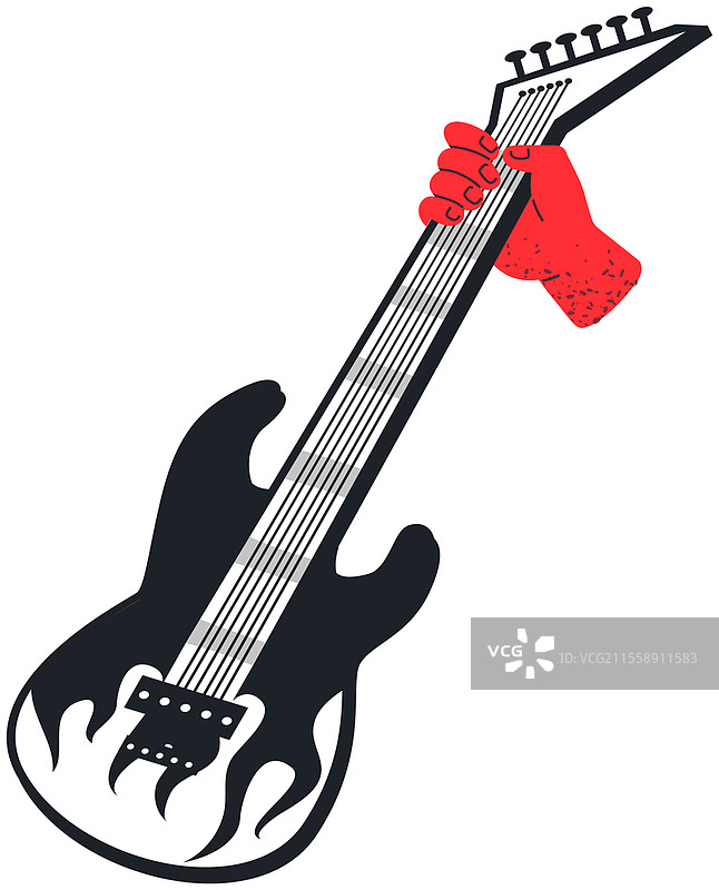 人手持黑白色弦乐电吉他。适合大声音乐的吉他。现代吉他手的乐器。人物演奏电吉他的矢量插图。人手持黑白色弦乐电吉他。人物演奏现代吉他。图片素材