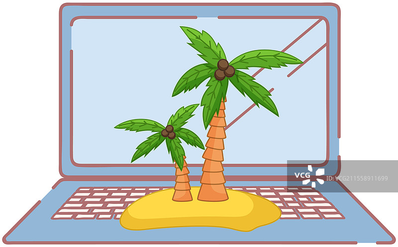 夏季休闲和度假，旅行。通过互联网选择度假胜地和旅行地点。搜索旅游、假期旅行、旅游概念。带有棕榈树和屏幕的笔记本电脑。旅行社程序模板。通过互联网选择度假胜地、夏季休闲和度假。旅行社程序模板。图片素材