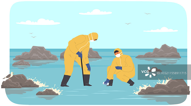 科学家穿着防护服收集水样。人们分析海洋或海洋的状态。男性在实验分析中用试管收集水。人类活动的影响，自然研究。科学家穿着防护服收集水样。人们分析海洋或海洋的状态。图片素材