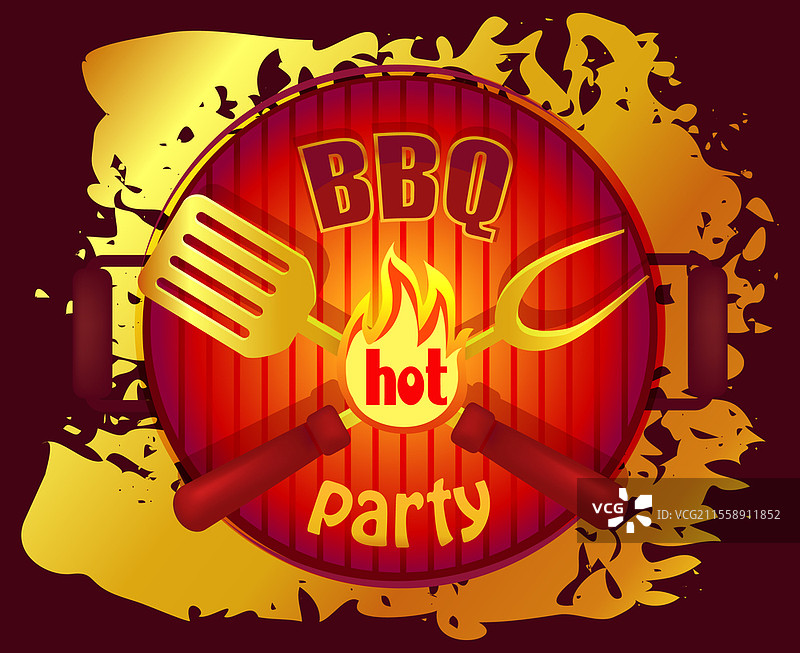烧烤派对logo模板，咖啡馆、餐厅或外卖服务的标志。烤制食品广告字母。烧烤、野餐与烤架标签设计，圆形标签或贴纸矢量插图。烧烤派对logo模板，咖啡馆的标志。烤制食品字母。烧烤、野餐与烤架标签。图片素材