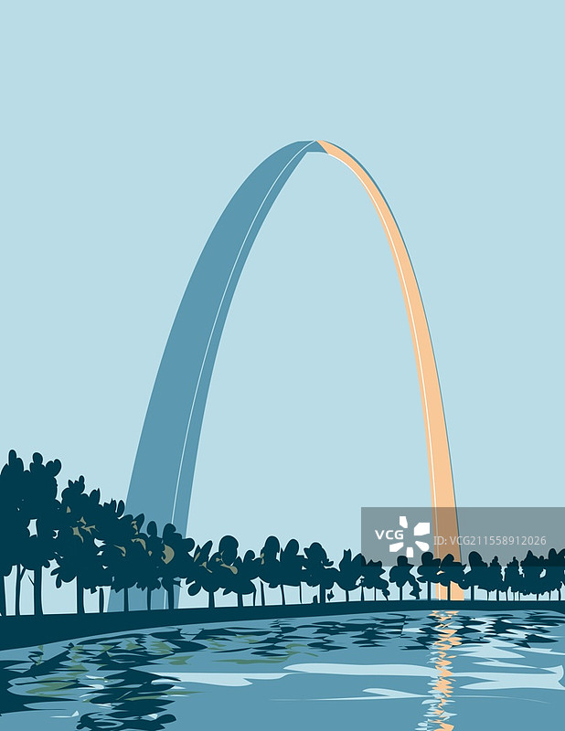 圣路易斯，密苏里州的拱门国家公园的WPA海报艺术，位于路易斯和克拉克探险的起点附近，采用工作项目管理风格。图片素材