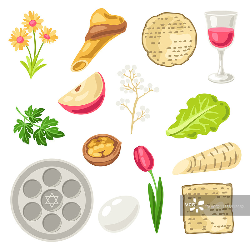 快乐的逾越节犹太节日盘子物品套装。节日传统象征。图片素材