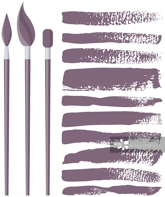 一组不同的抽象形状和图案，旁边有艺术画笔。黑色设计元素孤立在白色背景上。用于创作风格的无缝图案。装饰模板，设计用的笔触。图片素材