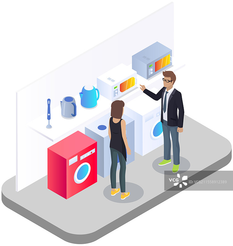 购物中心的家用电器和家居设备商店，适用于家庭的洗衣机、冰箱，厨房用的微波炉和水壶。电子零售，新款设备的展览。家用电器和家居设备商店的洗衣机、冰箱、微波炉和水壶。图片素材