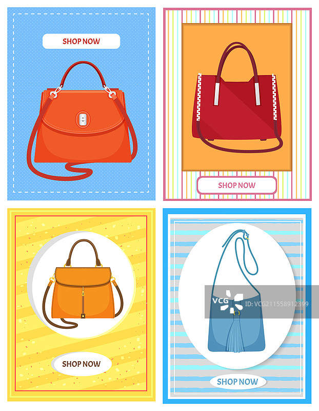 女性包包图标的卡通插图，背景上有时尚手提包的海报。立即购买横幅，展示女孩的手提包。优雅的女士亮色皮革包，带手柄的女性配饰。女性包包矢量图标的卡通插图，背景上有时尚手提包的海报。图片素材