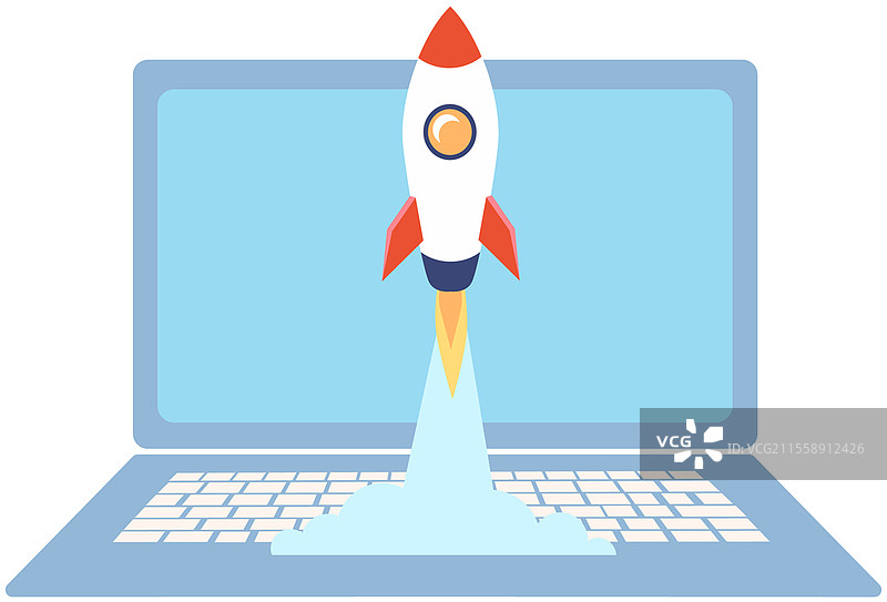 火箭，显示器上的创业象征。项目启动，推出新计划，笔记本电脑工作概念。规划策略，利用数字技术启动创意。在线业务发展的工作。火箭，显示器上的创业象征。项目启动，推出新计划，在线商业创意概念。图片素材