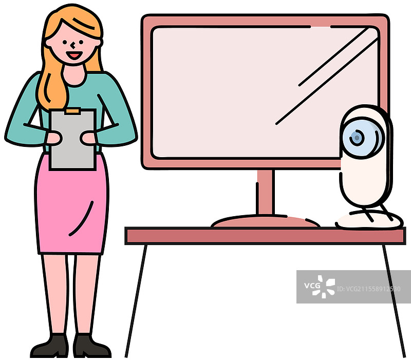 女孩在观众面前做演示。工作和学习设备，包括电脑和网络摄像头。女士在显示器旁讲述研究结果。女性在录制视频时展示项目演示。女性在录制视频时展示项目内容。女孩在观众面前做演示。图片素材