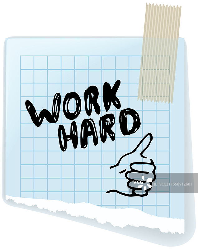 努力工作。横幅、纸张、海报和贴纸概念，几何风格，带有文字和竖起大拇指的图案。手绘设计标志，包含“努力工作”的引用信息，传达情感、灵感和动力。图片素材