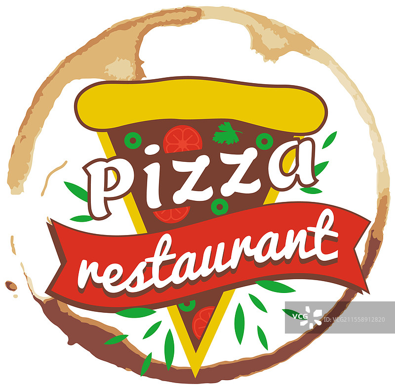 比萨饼logo模板，咖啡馆、餐厅或外卖服务的标志。意大利美食广告字母在圆形框架中。比萨饼餐厅图标，标签设计，圆形标签或贴纸。比萨饼logo模板，咖啡馆、比萨店的标志。意大利美食字母标签设计。图片素材