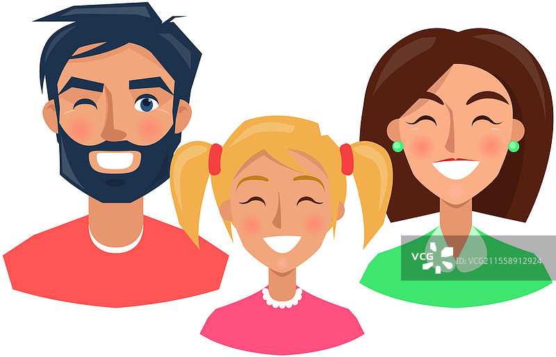 年轻男子的积极面部表情。女孩流露出快乐和喜悦的情感。人们角色的愉快、快乐面孔。快乐微笑的家庭矢量插图。表达人的情感概念。年轻家庭的积极面部表情。愉快、快乐的人们展现出幸福和喜悦的情感。图片素材