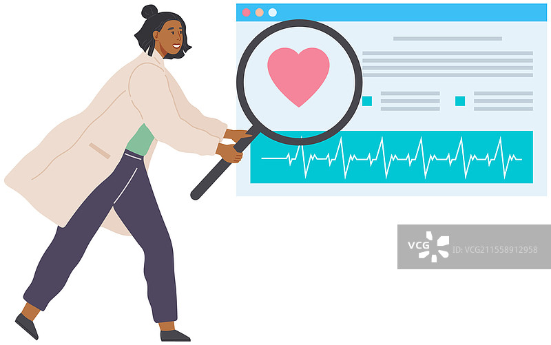 医生或护士正在分析病人的病史或检测结果。心脏病学诊断、医学研究、心电图、脉搏图表。女性用放大镜查看心电图结果。女性心脏病专家用放大镜查看心电图。医生或护士正在分析研究结果。图片素材