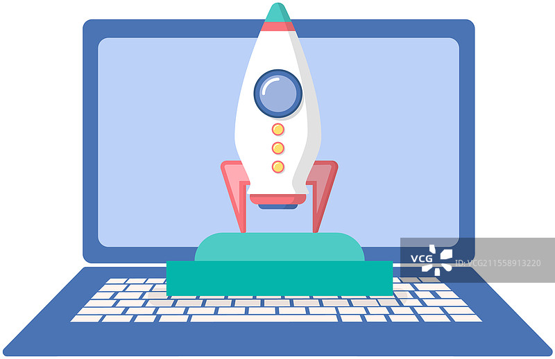 火箭，显示器上的创业象征。项目开始，启动新计划，笔记本电脑工作概念。规划策略，利用数字技术推出创意。在线业务发展的工作。火箭，显示器上的创业象征。项目开始，启动新计划，在线商业创意概念。图片素材