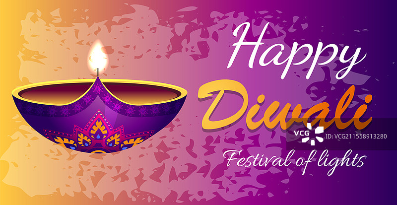 快乐的排灯节标志字母，装饰性的问候。手写现代字体。用于主要的印度和印度教节日设计，明信片，横幅，海报。带有燃烧的油灯的祝福卡创意风格。图片素材