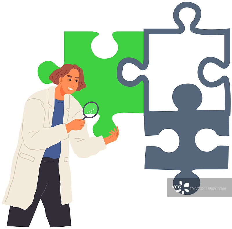 科学家在科学领域做出新决定。教育理念，科学发展。穿着实验室外套的女性进行实验和研究。研究人员用放大镜分析拼图碎片，寻找解决方案。研究人员用放大镜分析拼图碎片，寻找解决方案。科学家做出新决定。图片素材