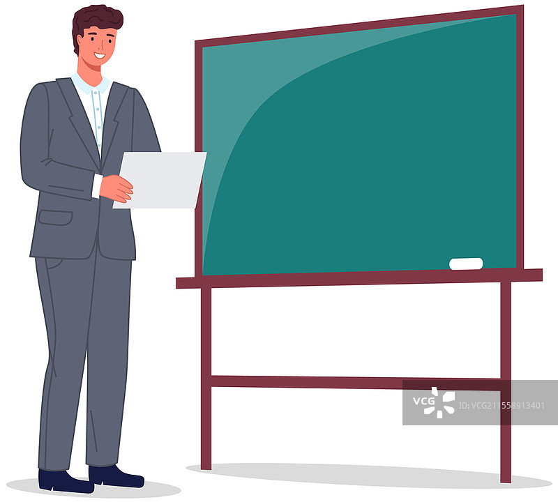 男教师手持纸张站在黑板旁。男士正在授课，学校里的课堂。学习课程，教育项目。男教师教学的矢量插图。男教师手持纸张站在黑板旁。女教师正在授课，学校里的课堂。图片素材