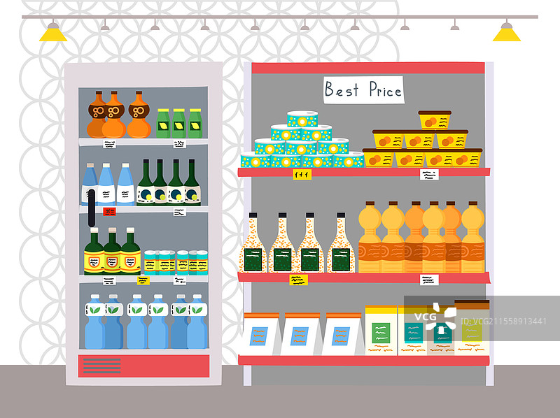 超市家具，货架上摆满商品的杂货店。购物中心内的杂货销售概念。超市的货架上有食品和饮料。自助商店的室内设计元素。超市，货架上摆满商品的杂货店。自助商店内有食品和饮料。图片素材