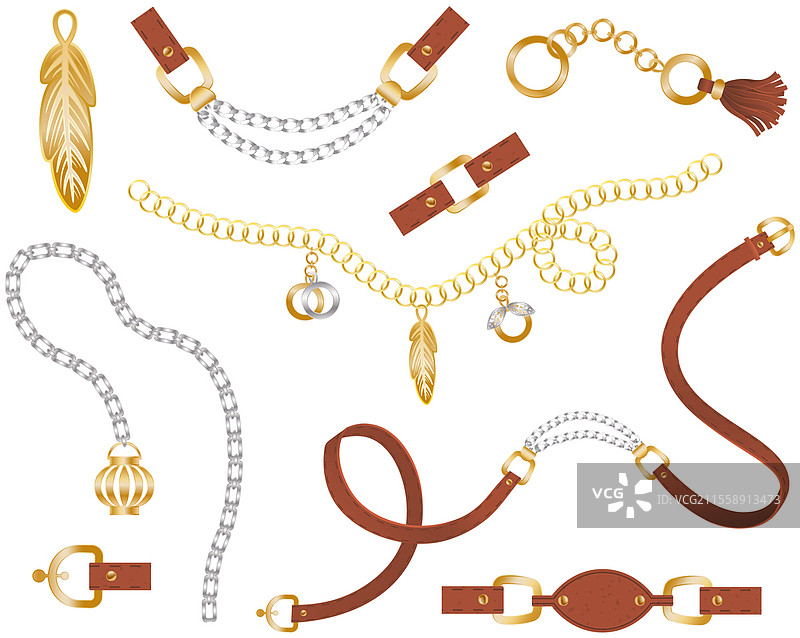 一套皮带元素、链条和辫子、吊坠、金银链接和面料设计用的扣件，适用于墙纸、印刷、纺织和图案。孤立的矢量图，包含金属和皮革配件。图片素材