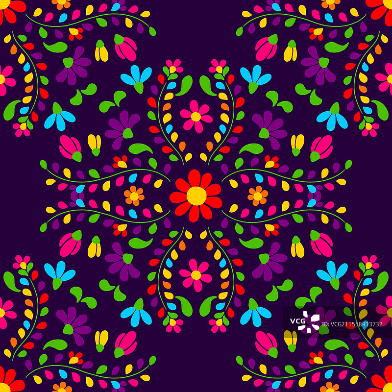 墨西哥花卉刺绣图案。传统的鲜花和叶子的装饰。图片素材