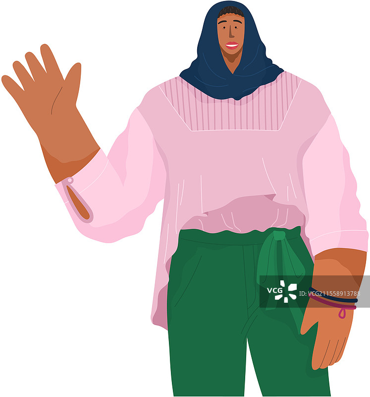 人们的问候手势。各国代表挥手致意。穆斯林女性友好地打招呼。快乐的女性角色说欢迎。年轻的穆斯林女孩做出问候姿势。各国代表挥手致意。穆斯林女性友好地打招呼。图片素材