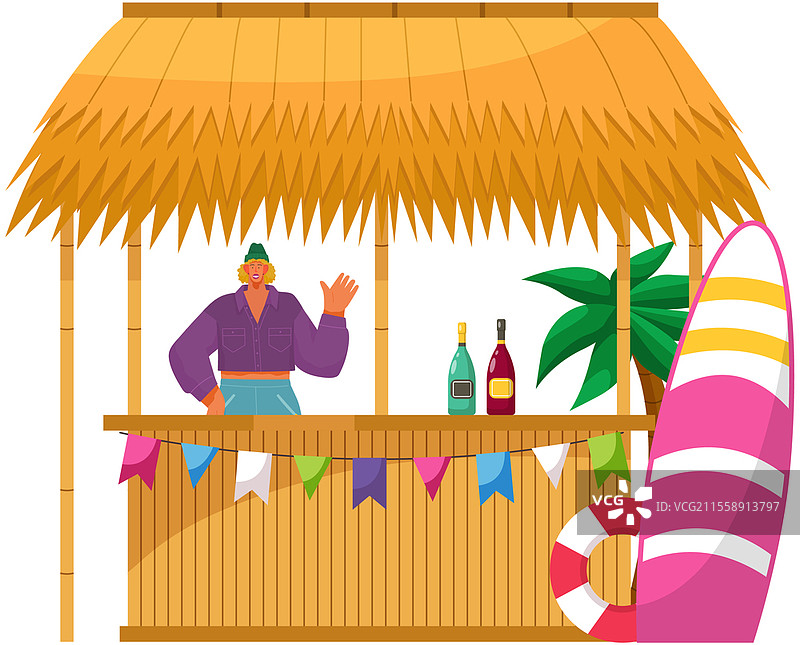 热带海滩酒吧。海滨冲浪度假村概念设计，年轻女性调酒师，鸡尾酒吧，冲浪板和棕榈树。夏季假期，女调酒师。热带夏季海滩酒吧，年轻女性调酒师，鸡尾酒吧，冲浪板和棕榈树。图片素材