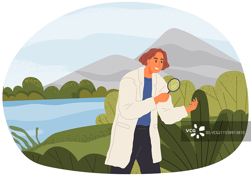 女性探索自然并做笔记。研究人员分析自然区域。环境与生态研究。科学家进行生态实验。探险者工作，研究人员分析自然。女性探索自然并做笔记。探险者工作，研究人员分析自然。图片素材