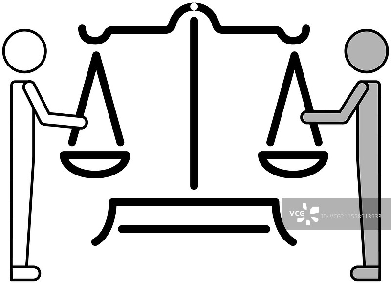 天平与人们从不同侧面用手触碰碗。争论、选择过程、证据和审判中的技巧。判断、审判和正义的概念。原因平衡的测量图标。天平与人们从不同侧面用手触碰碗。争论、选择过程。图片素材