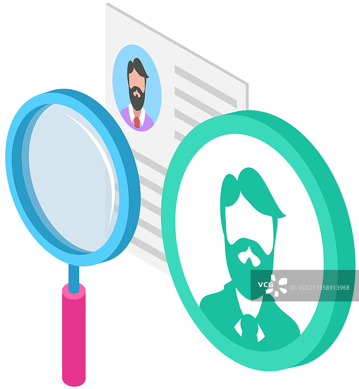 搜索社交资料，招聘。带有社交网络、人形头像和放大镜的页面。寻找新工作的候选人，商务沟通，雇佣管理，个人经理。搜索社交资料，招聘。带有社交网络、人形头像和放大镜的页面。图片素材