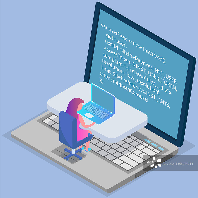 年轻程序员在大笔记本电脑上编写新项目的代码，使用命令行。女性注视着电脑屏幕上的程序代码。编程或编码概念。女孩正在进行机器语言开发。程序员在笔记本电脑上使用命令行编写新项目。女性注视着显示器上的程序代码。图片素材