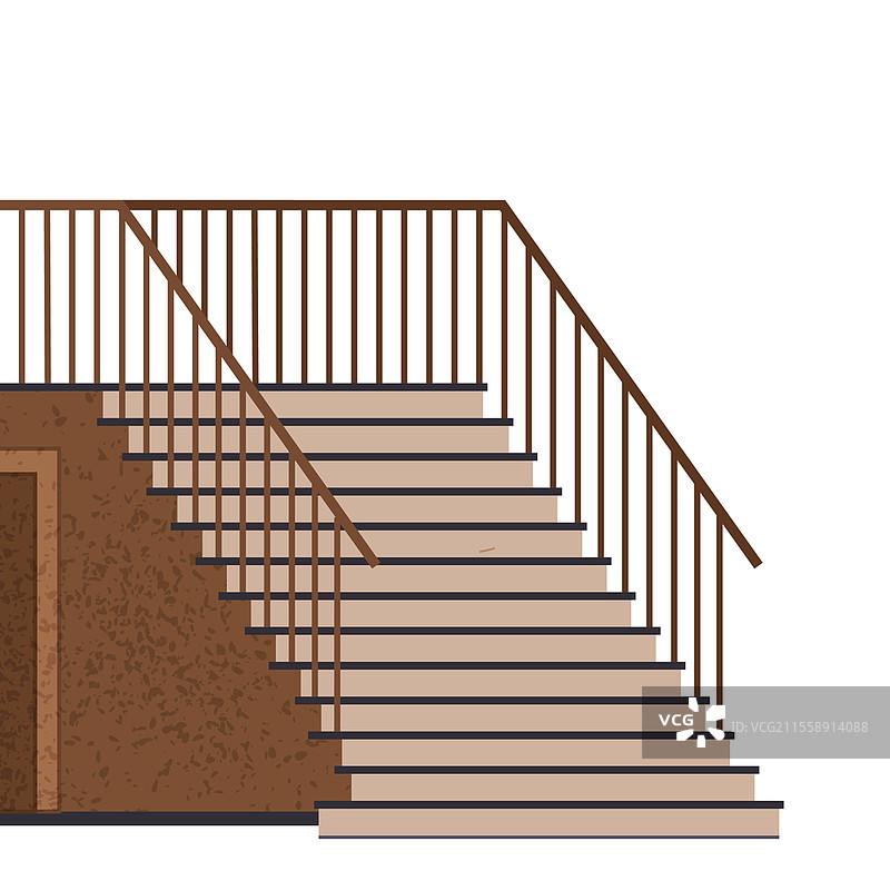 室内设计场景，带有楼梯和门。房屋入口处的楼梯。建筑物的走廊或大厅，配有楼梯。带扶手的楼梯和楼道，建筑的矢量插图。房屋入口处的楼梯。建筑物走廊或大厅的室内设计，配有楼梯和门。图片素材