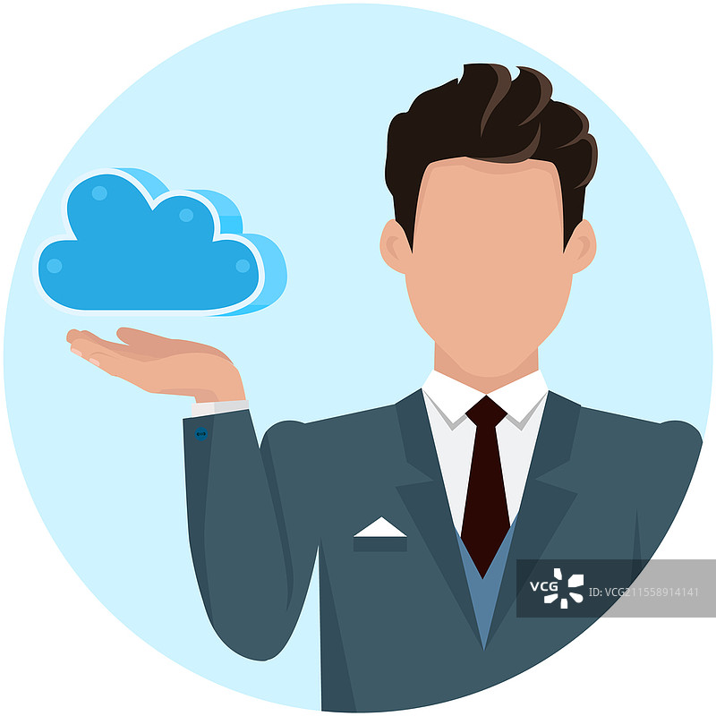 云数据存储商业技术服务器概念网页矢量图，商人手持标记。男士设计并创建应用程序。蓝色云存储按钮，数据存储在客户的服务器上。云数据存储商业技术服务器概念网页矢量图，商人手持标记。图片素材