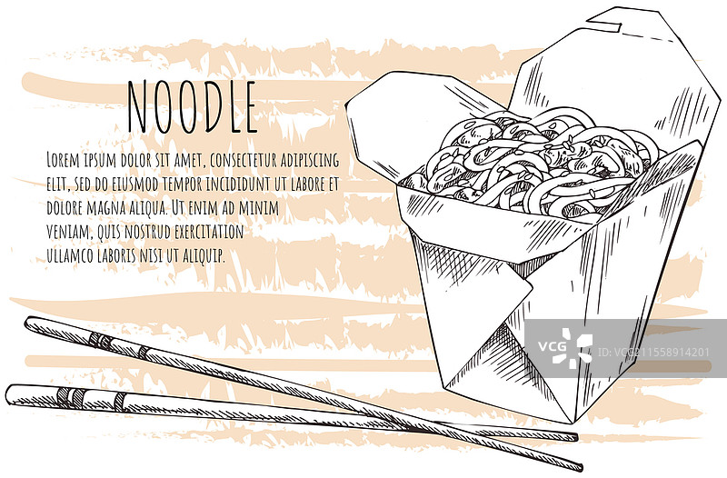 涂鸦风格的面条字母，横幅炒锅矢量手绘草图。独立的中式外卖盒和筷子与面条。日本晚餐详细的快餐亚洲美食，适合餐厅使用。非常适合横幅、海报和标志。涂鸦风格的面条字母，横幅炒锅矢量手绘草图。独立的中式外卖盒和筷子。图片素材