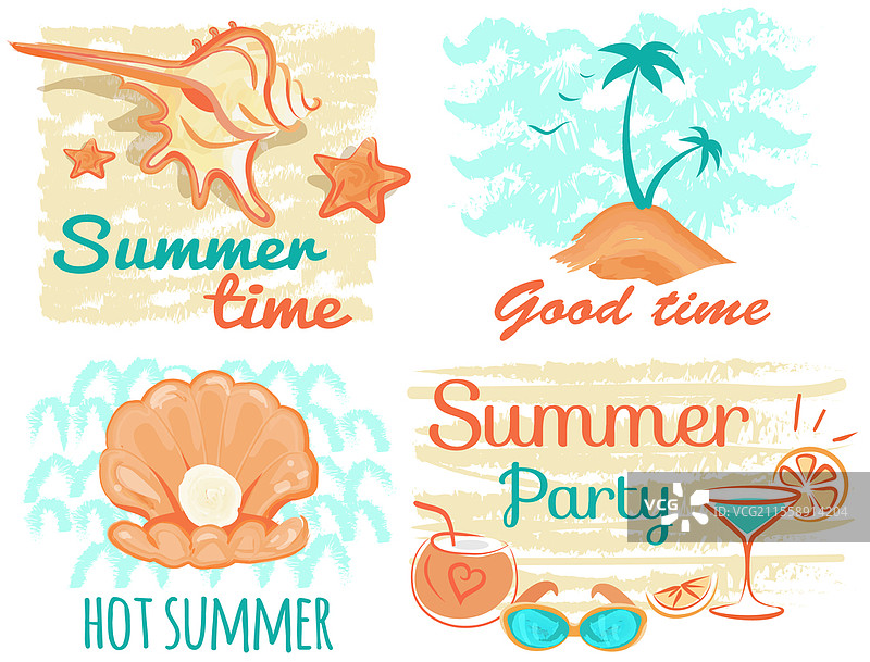 手绘的“美好时光”横幅，夏季海滩派对相关的积极激励文字。带有棕榈树和海洋的岛屿度假概念。非常适合印刷、海报和旅行社广告。图片素材