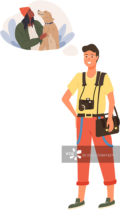 拿着相机的男人思考拍摄。摄影师梦想拍摄一位与狗在一起的女性。对动物的热爱，和宠物共度时光，爱好概念。男人想着女性宠物主人。摄影师拿着相机梦想拍摄与狗在一起的女性。男人想着女性宠物主人。图片素材