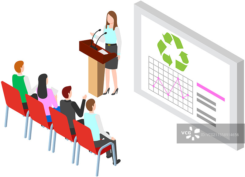 生态学家在会议上做演讲。舞台上的女性在讲台后与观众交流，媒体在提问。生态、回收的脱口秀。国际生态科学会议。生态学家在会议上做演讲。舞台上的女性在讲台后与观众交流。图片素材