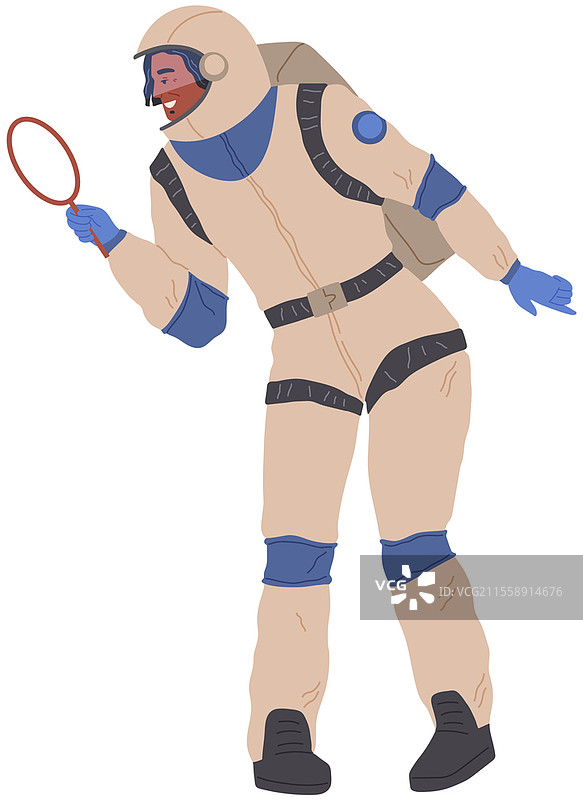 宇航员使用放大镜探索宇宙。科学家宇航员进行研究。穿着保护性宇航服和头盔的卡通角色。专业服装的太空旅行者矢量插图。专业服装的太空旅行者。宇航员，宇航员使用放大镜探索宇宙。图片素材