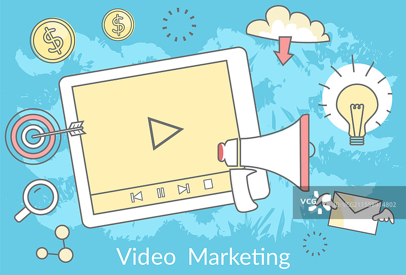 视频营销概念。在线广告、流媒体视频博客和动态图形。社交媒体市场矢量网页横幅。营销视频、互联网信息和视频博客推广，互联网商业。视频营销概念。在线广告、流媒体视频博客和动态图形在互联网商业中的应用。图片素材