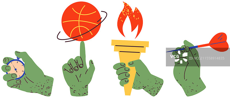 手握运动和比赛符号。参与奥林匹克运动会的物品。篮球、飞镖、点燃比赛的奥林匹克火焰和秒表。人手中的运动器材矢量插图。运动器材和比赛符号。手中握有篮球、飞镖、奥林匹克火焰和秒表。图片素材