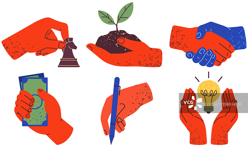 一组红色手掌握着物品。人类的手掌上有不同的物品、属性、设备、工具和主题，孤立在白色背景上。握手、手势和握持物体。图片素材