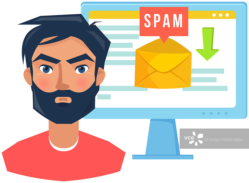 电脑屏幕上出现垃圾邮件警告窗口。病毒、盗版、黑客和安全概念。愤怒的男人站在显示垃圾邮件的信封旁边。电子邮件保护，反恶意软件。愤怒的男人站在显示垃圾邮件的信封旁边。电子邮件保护，反恶意软件。图片素材