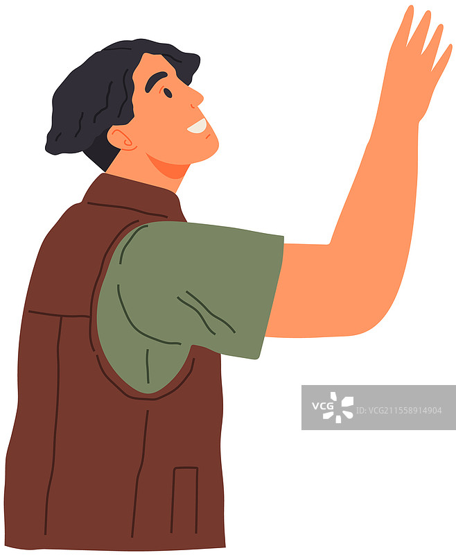 年轻男子站着看着某物。男子举起手。休闲风格的卡通角色肖像。微笑的男子在白色背景下举起手。这个人摆出姿势。年轻男子站着看着某物。男子举起手。微笑的男子举起手臂。图片素材