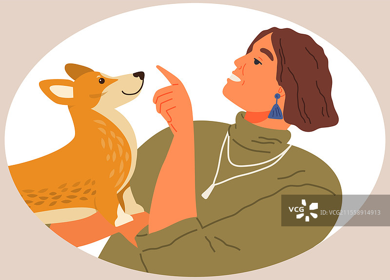 女性宠物主人与狗狗玩耍，手抚摸着它的毛发。关心可爱的四足朋友——柯基犬。快乐的女人与狗狗在白色背景下相伴。愉快的家庭宠物，人类的伴侣。图片素材