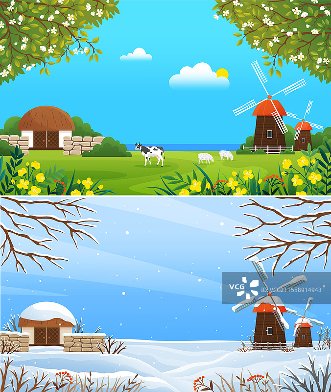 农场四季风貌。有机农业、传统农业和种植食物。阳光明媚和雪天的农田风景，伴有磨坊和谷仓。春季和冬季的农田与动物。阳光明媚和雪天的农场风景，伴有牲畜。春季和冬季的农田与动物。图片素材